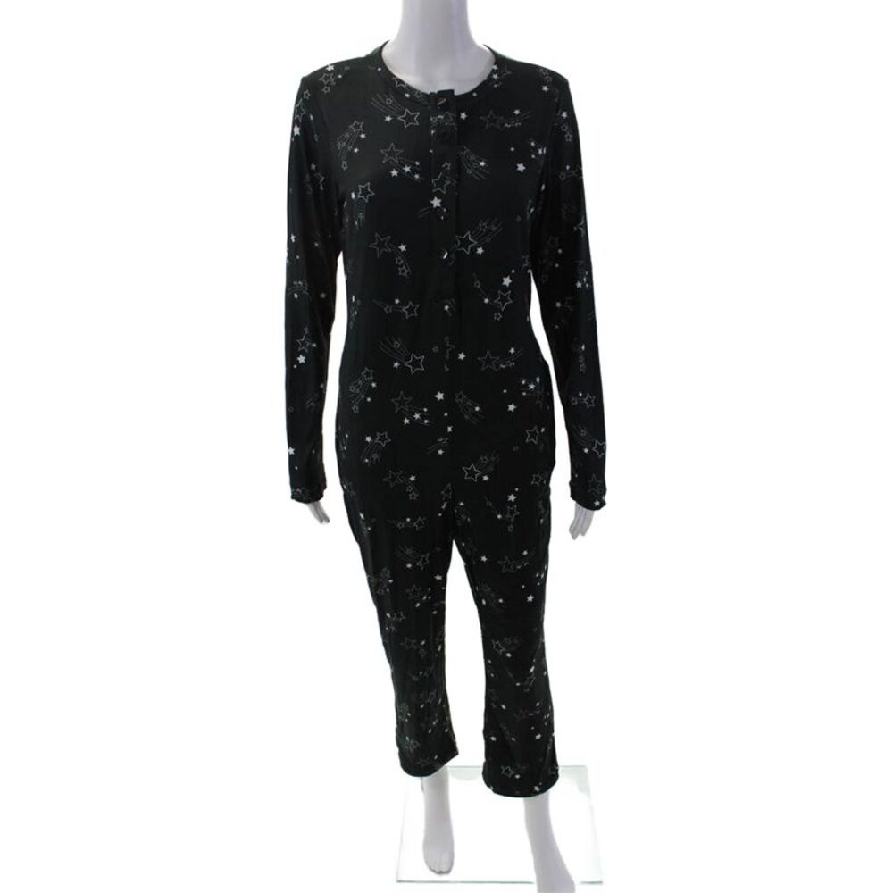 Mason Grey Womens Star Print Long Sleeve Sleepwear One Piece Black Size S